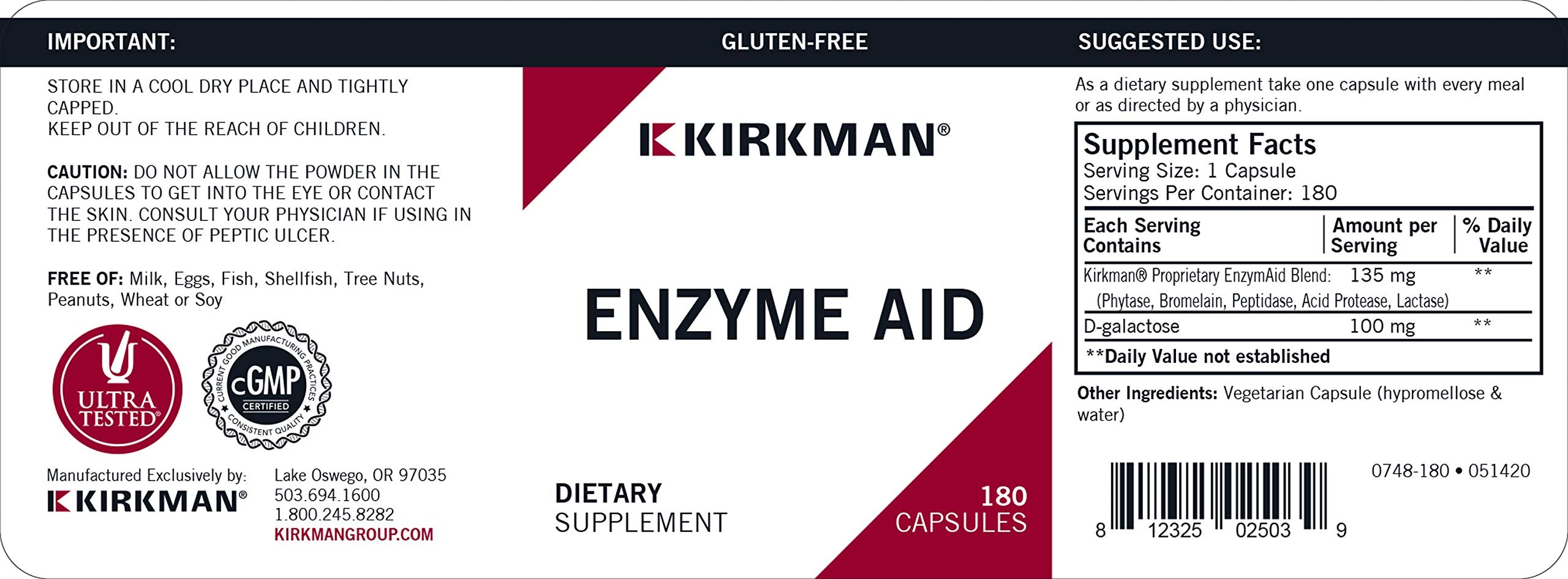 Kirkman Enzyme-Aid packaging view with 180 vegetarian capsules.