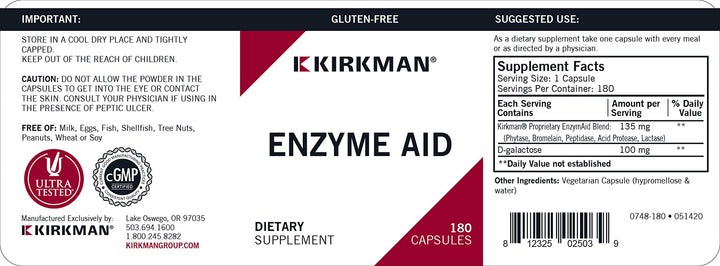Kirkman Enzyme-Aid packaging view with 180 vegetarian capsules.