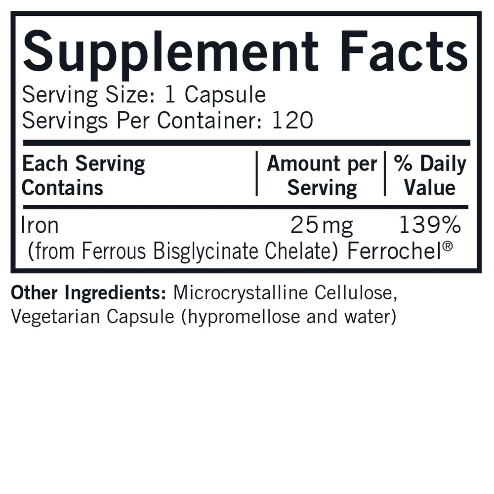 Kirkman Iron 25 mg Bio-Max bottle front highlighting hypoallergenic formula.