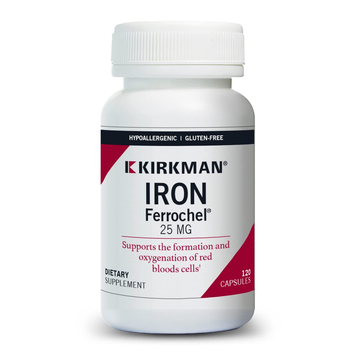 Kirkman Iron 25 mg Bio-Max capsule closeup showing smooth coating for easy swallowing.