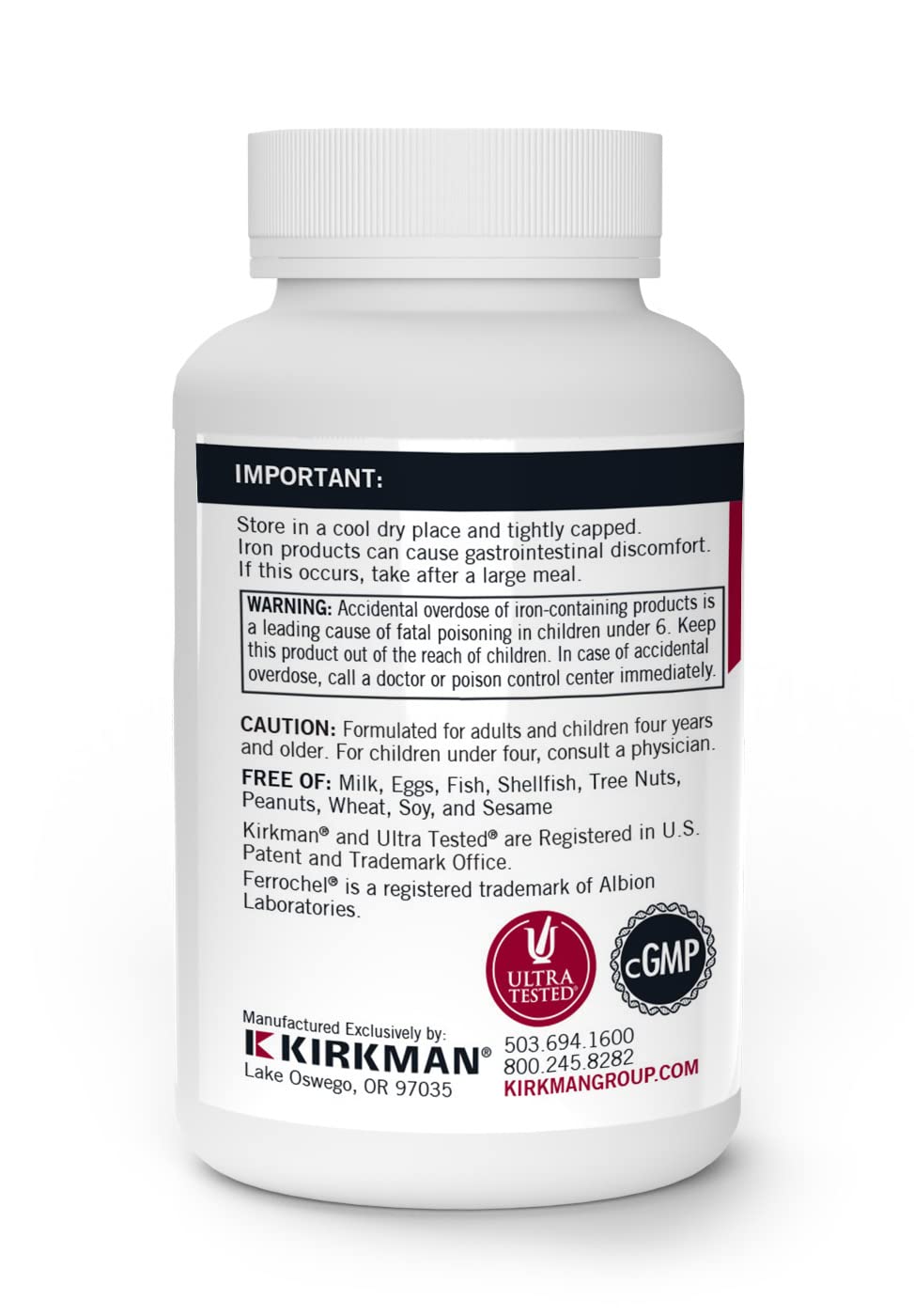 Close-up of packaging shows pure hypoallergenic Kirkman iron supplement