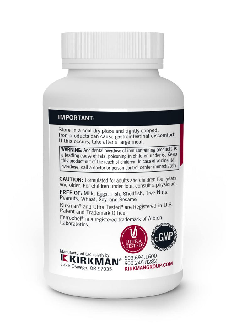 Close-up of packaging shows pure hypoallergenic Kirkman iron supplement