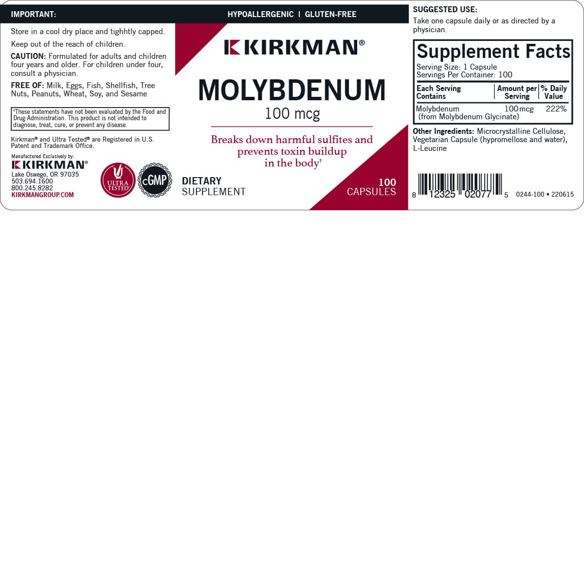 Kirkman Molybdenum 100 mcg daily dose image highlighting convenient capsule form