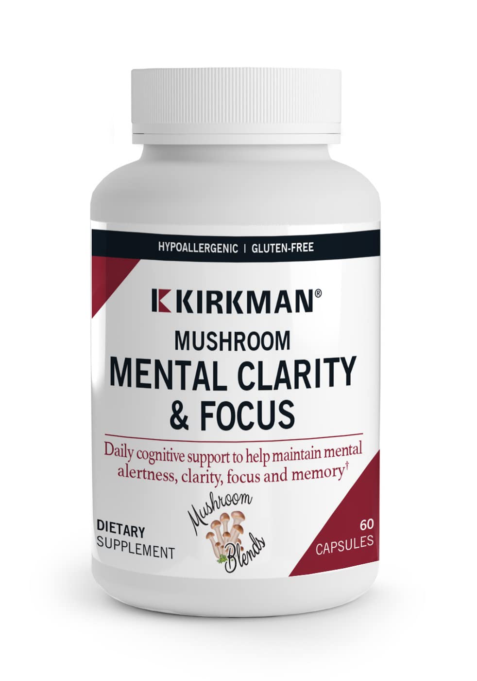 Kirkman Mushroom Mental Clarity bottle shows daily cognitive support without caffeine
