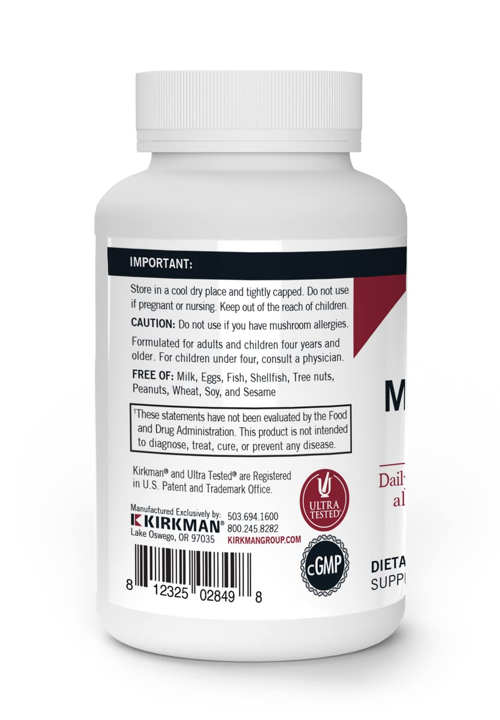 Kirkman Mushroom Mental Clarity label front emphasizes premium mushroom blend and safety