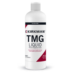 Kirkman TMG Liquid Raspberry bottle on shelf highlighting natural flavor and methylation support