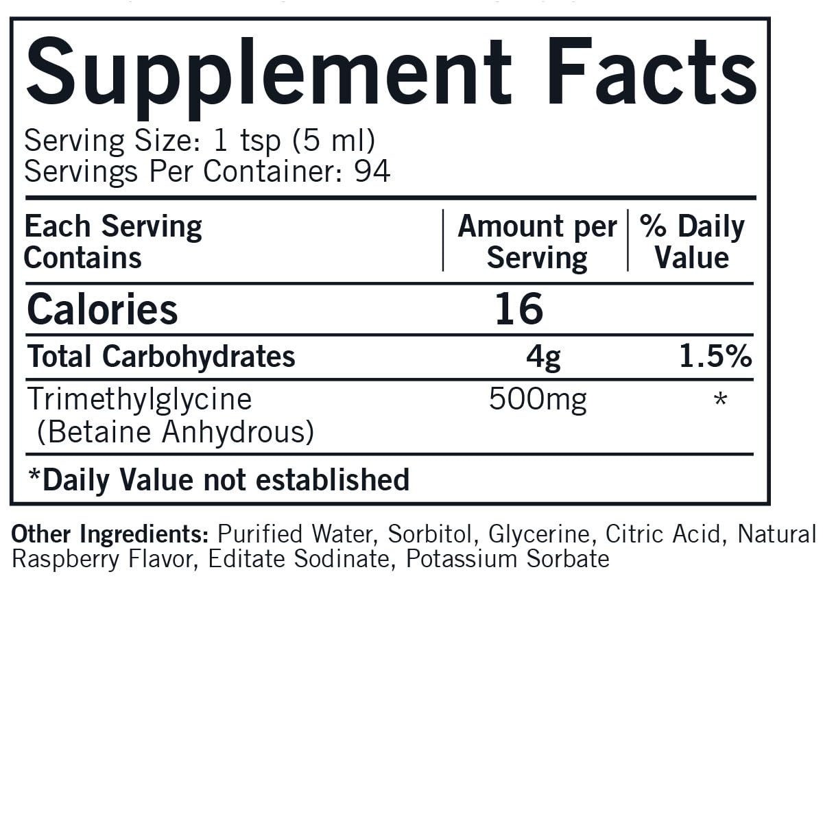 Kirkman TMG Liquid Raspberry flavor label close-up showing purity and daily methylation support