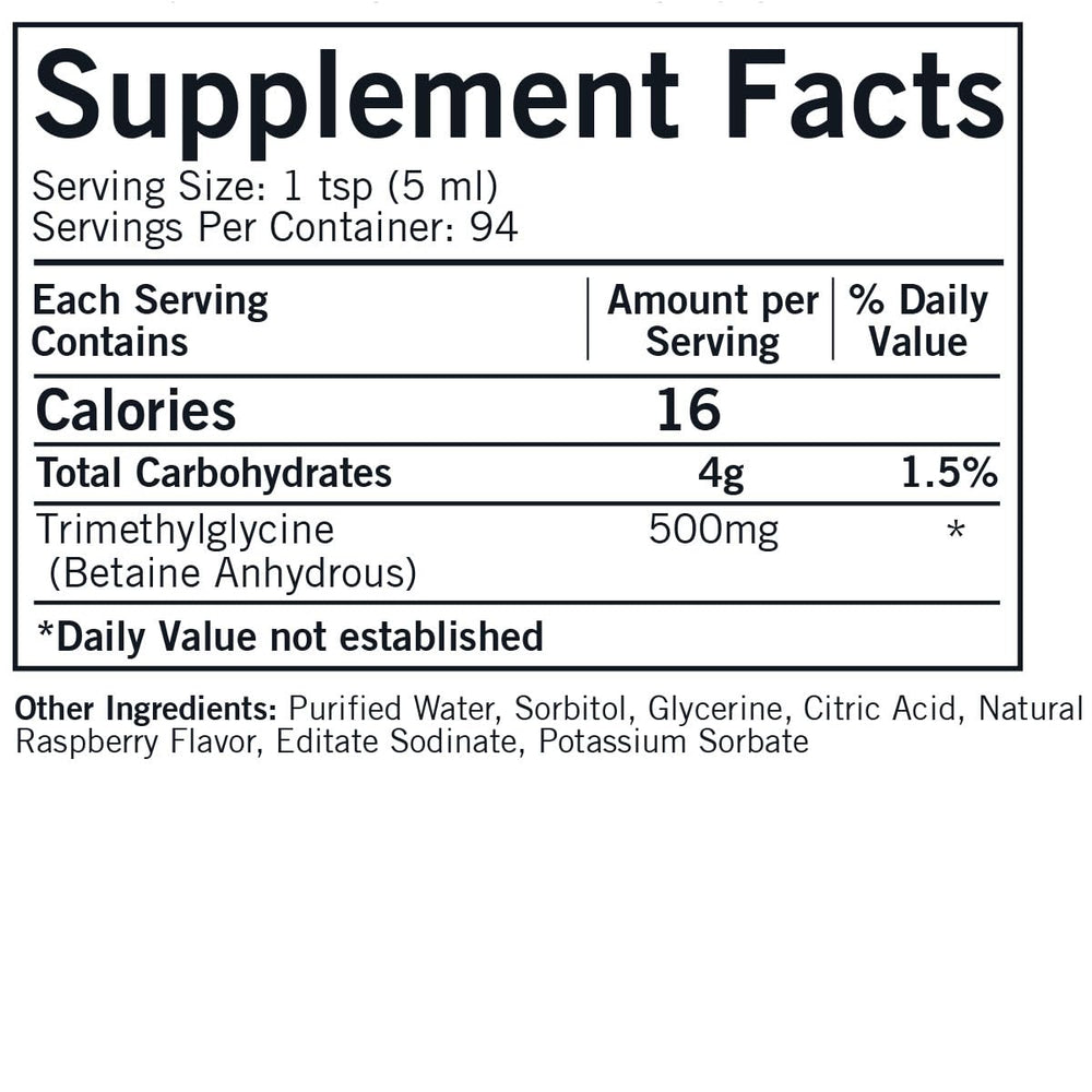 Kirkman TMG Liquid Raspberry flavor label close-up showing purity and daily methylation support