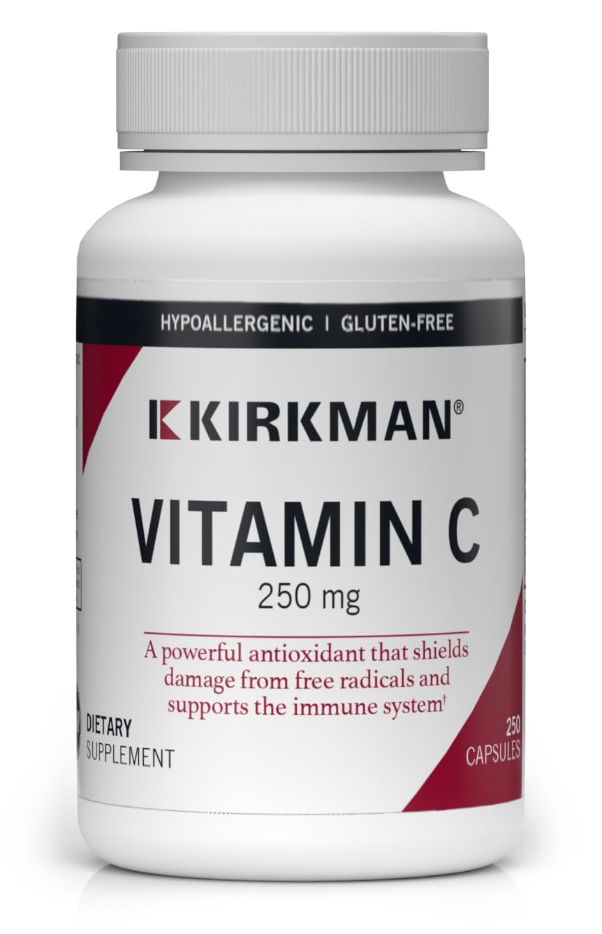 Kirkman Vitamin C 250 mg capsules bottle pour for daily antioxidant support.