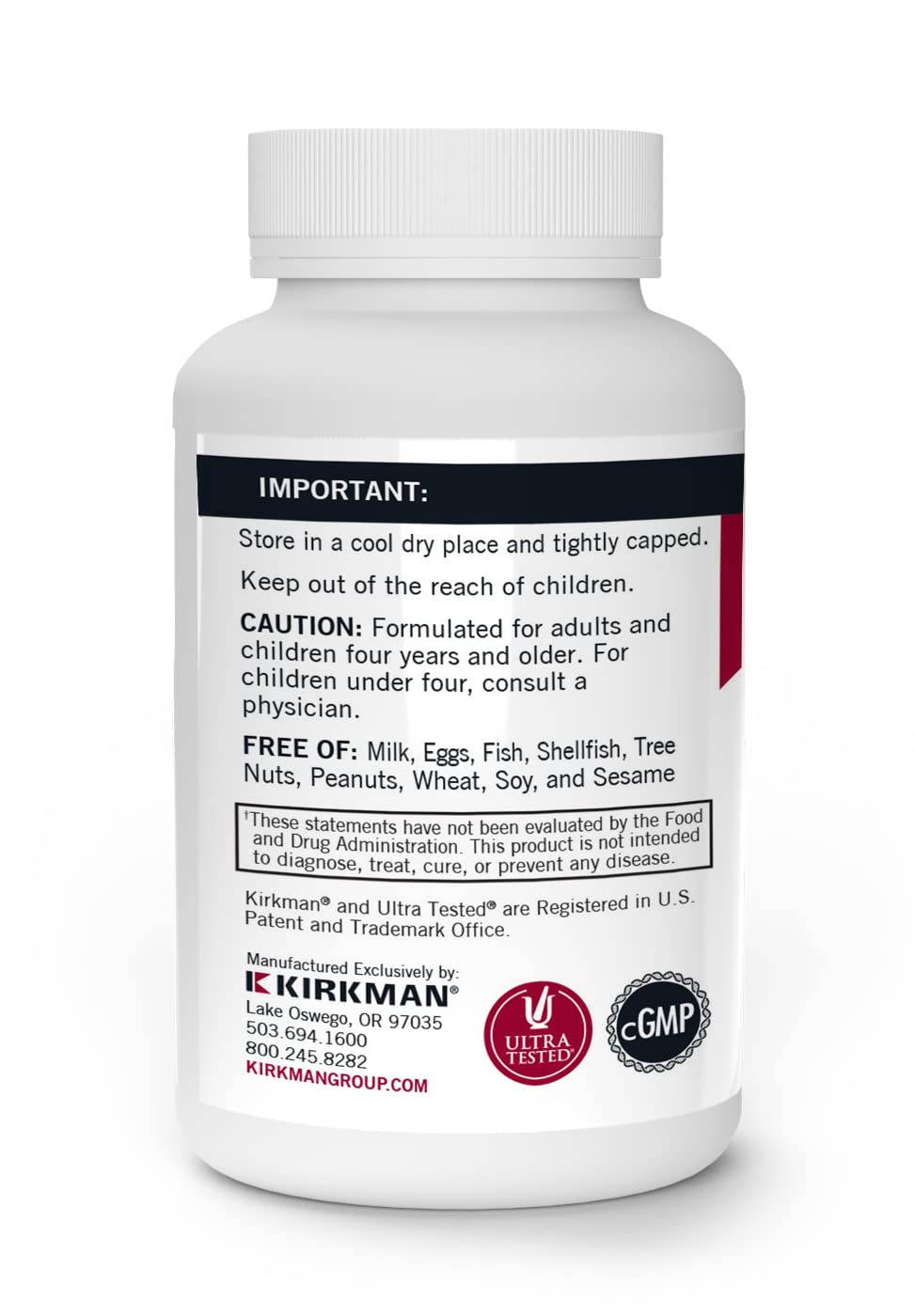 Kirkman Vitamin C 250 mg label view emphasizes hypoallergenic formulation.