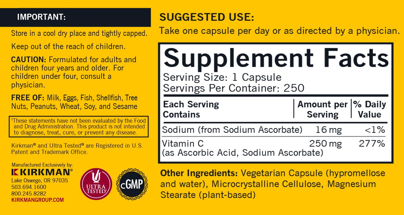 Kirkman Vitamin C 250 mg packaging front shows easy daily use.