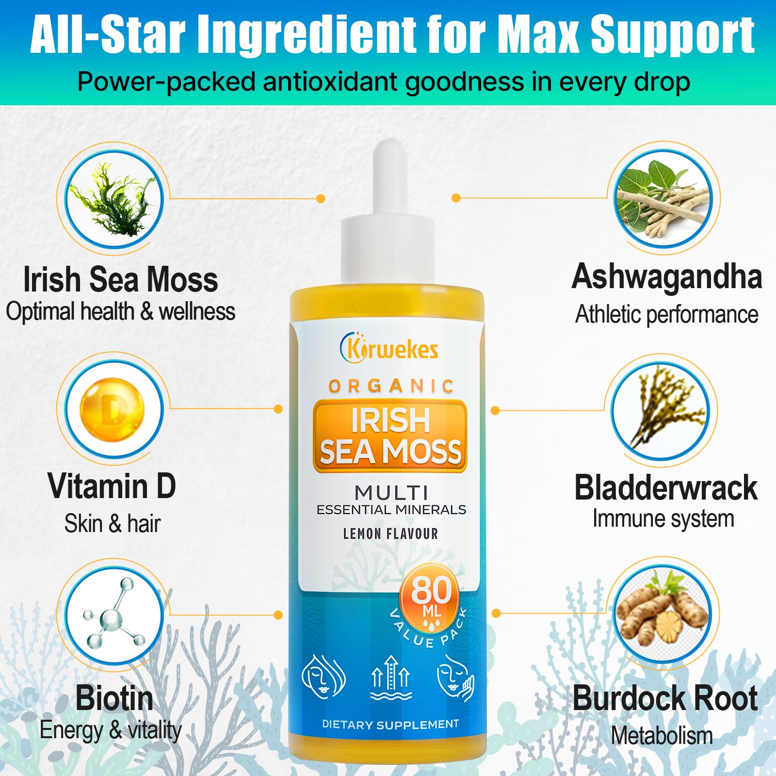 Kirwekes Sea Moss Drops bottle with glass for quick drink addition