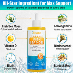 Kirwekes Sea Moss Drops bottle with glass for quick drink addition