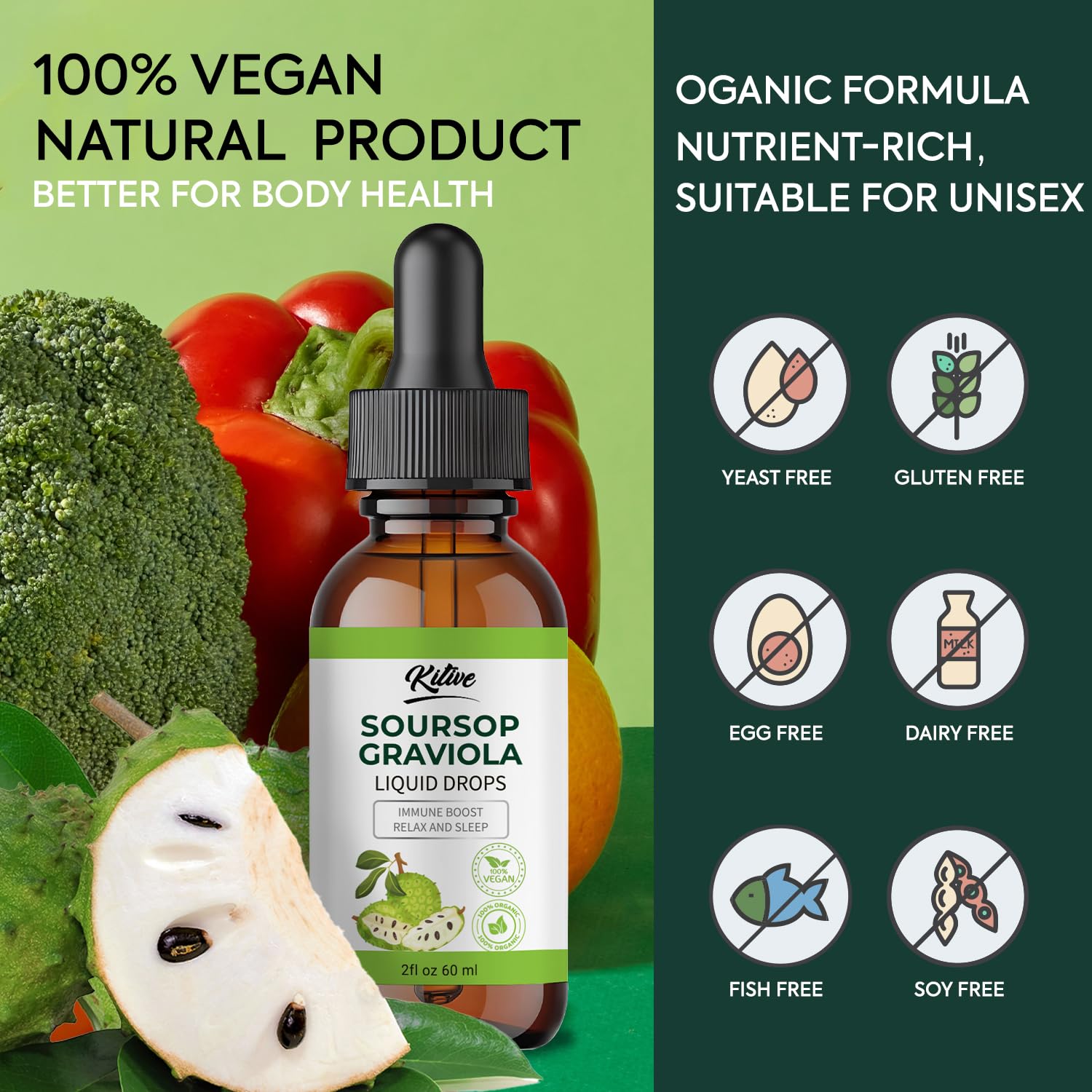 KITIVE Organic Soursop ingredients layout showcases 60ml bottle and vegan formula.