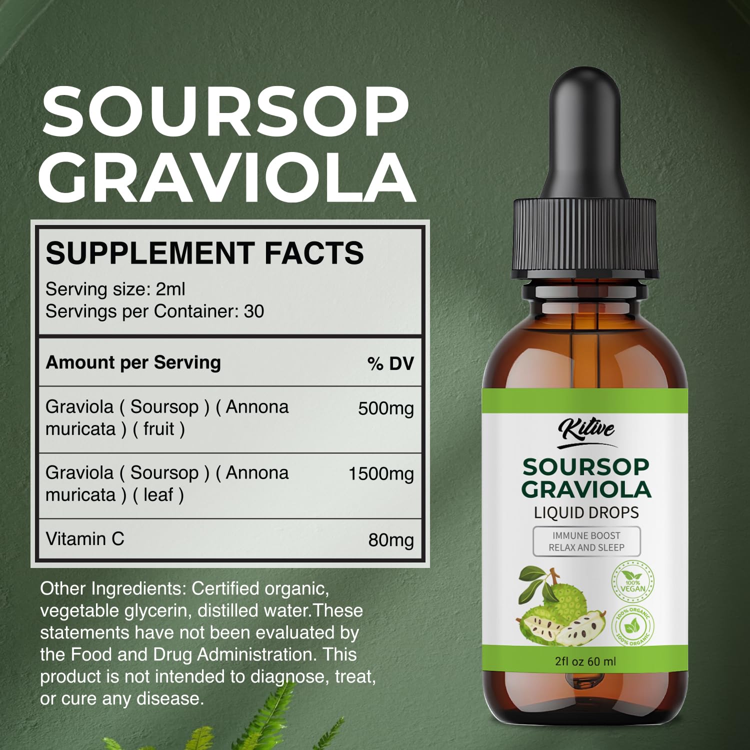 KITIVE Soursop bitters bottle with natural light emphasizes clean, additive-free profile.