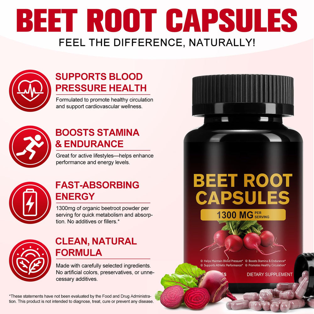 KITNOBLIS Beet Root Capsules 1300mg capsules closeup highlights compact, swallow-friendly pills.