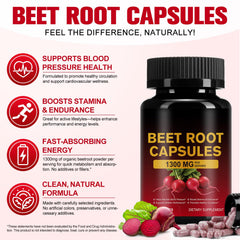 KITNOBLIS Beet Root Capsules 1300mg capsules closeup highlights compact, swallow-friendly pills.