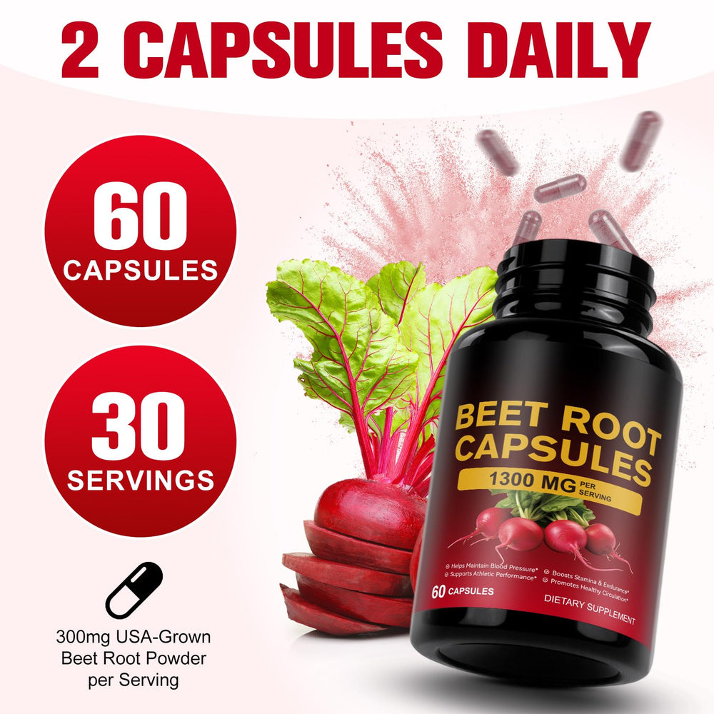 KITNOBLIS Beet Root Capsules 1300mg ingredients highlight beet root powder as primary component.