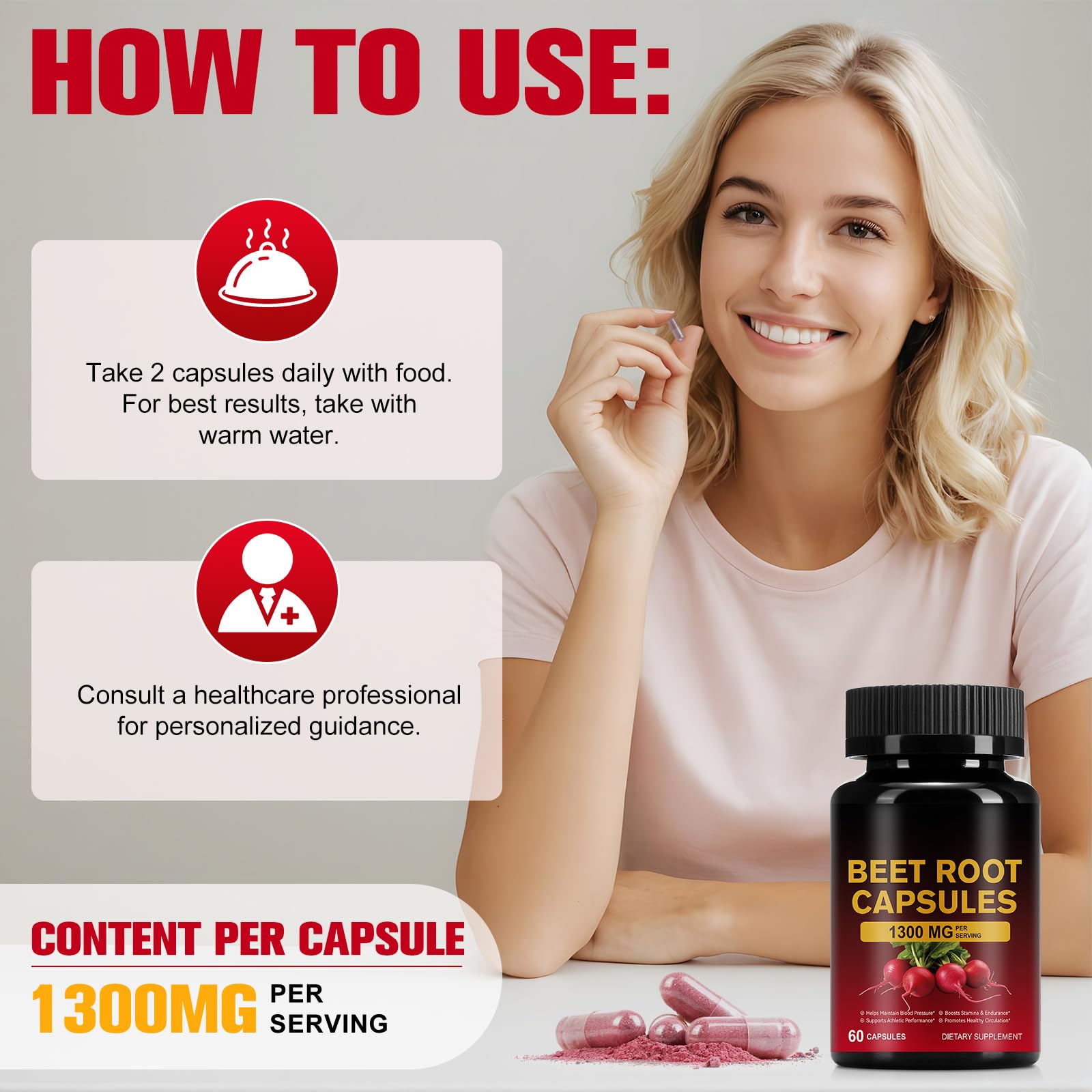 KITNOBLIS Beet Root Capsules 1300mg shelf life graphic signals longevity and freshness.