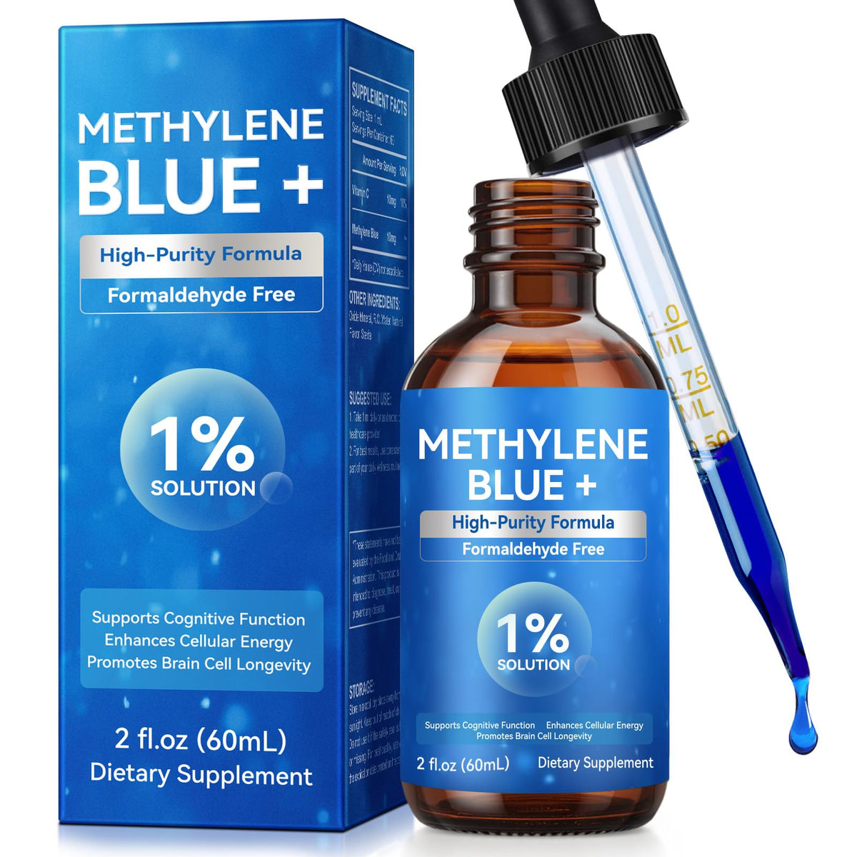 KITNOBLIS Methylene Blue bottle pour showcases precise dosing for cognitive support.
