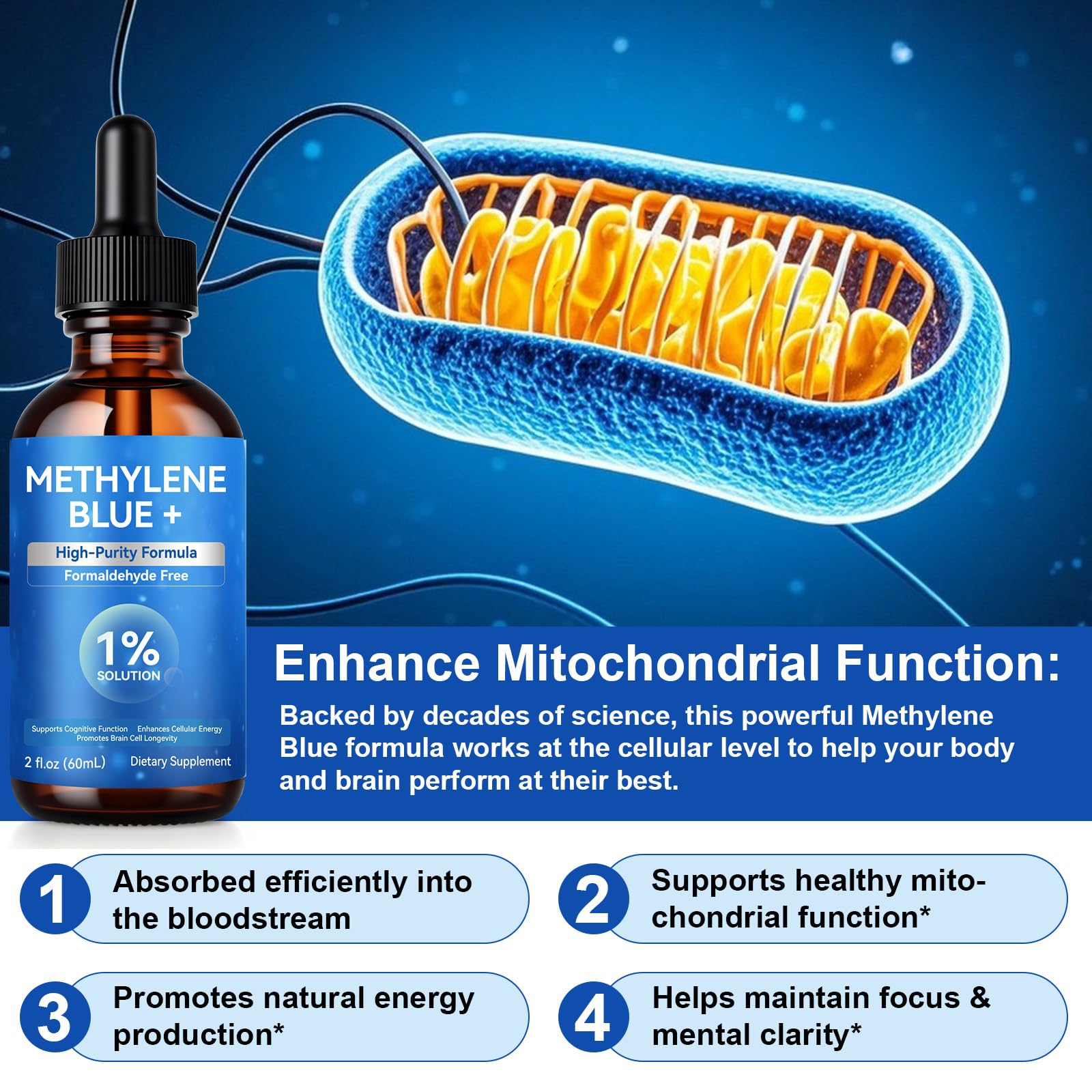 KITNOBLIS Methylene Blue label closeup highlights purity and absence of formaldehyde.