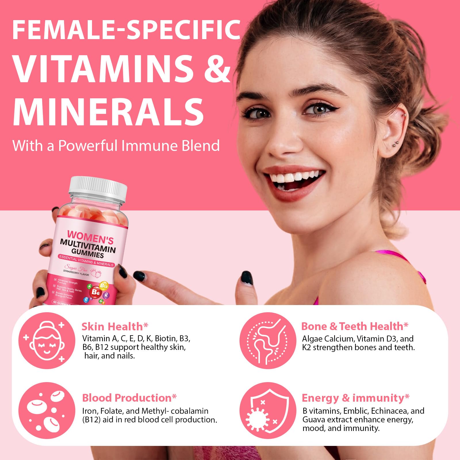 KITNOBLIS Womens Multivitamin Gummy bottle with spoon illustrates serving size.