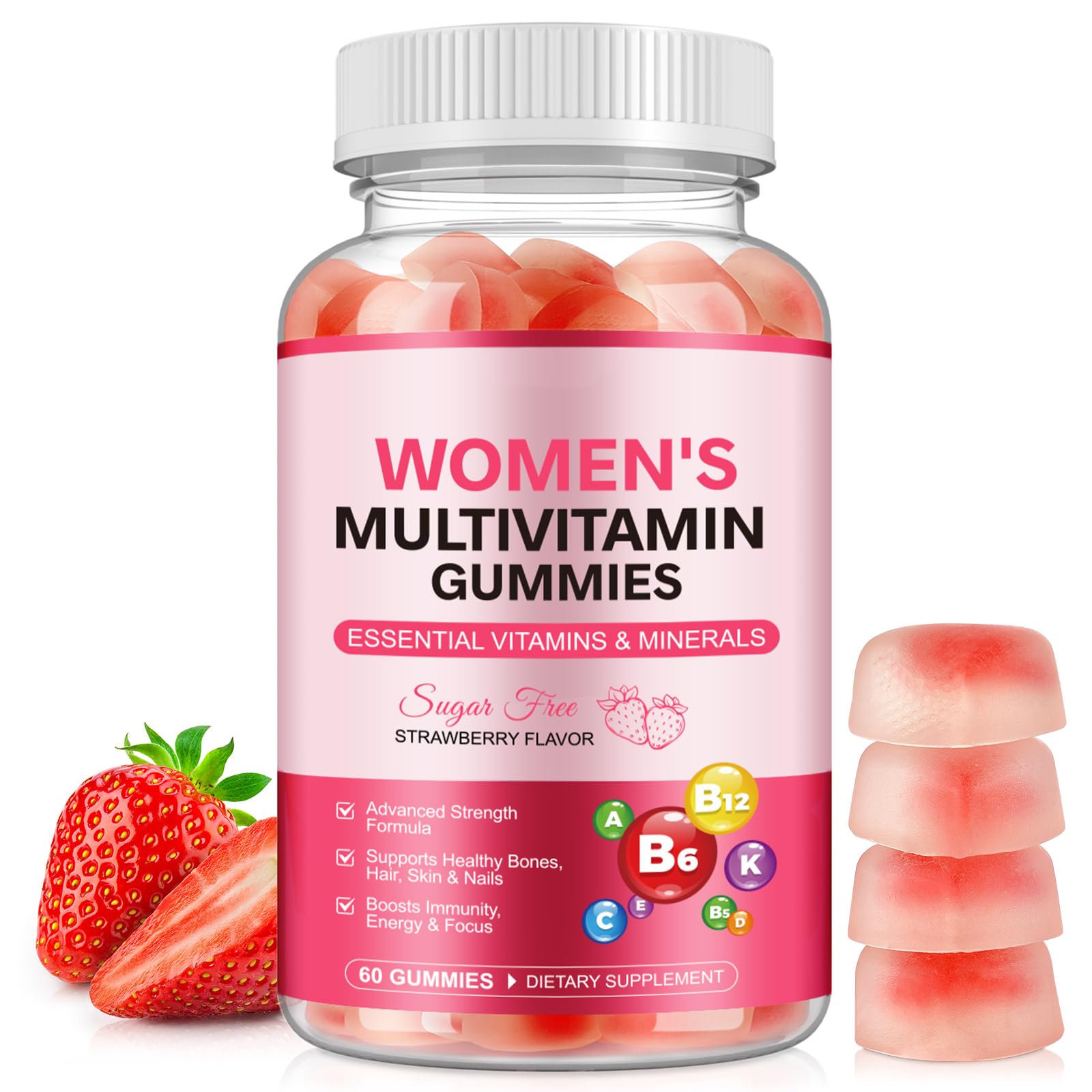 KITNOBLIS Womens Multivitamin Gummy bottle with strawberry flavor supports daily wellness.