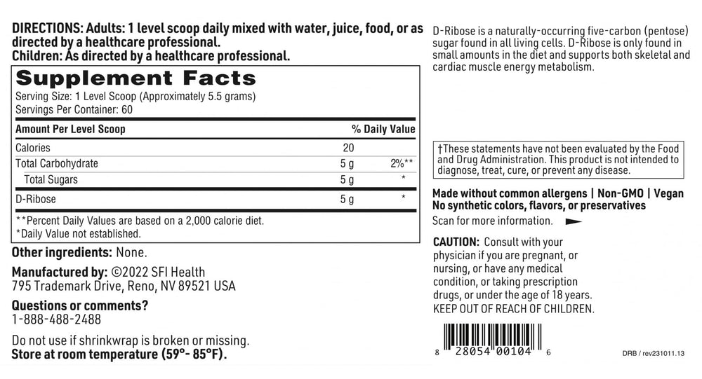 Close-up of the D-Ribose label highlighting hypoallergenic formula.