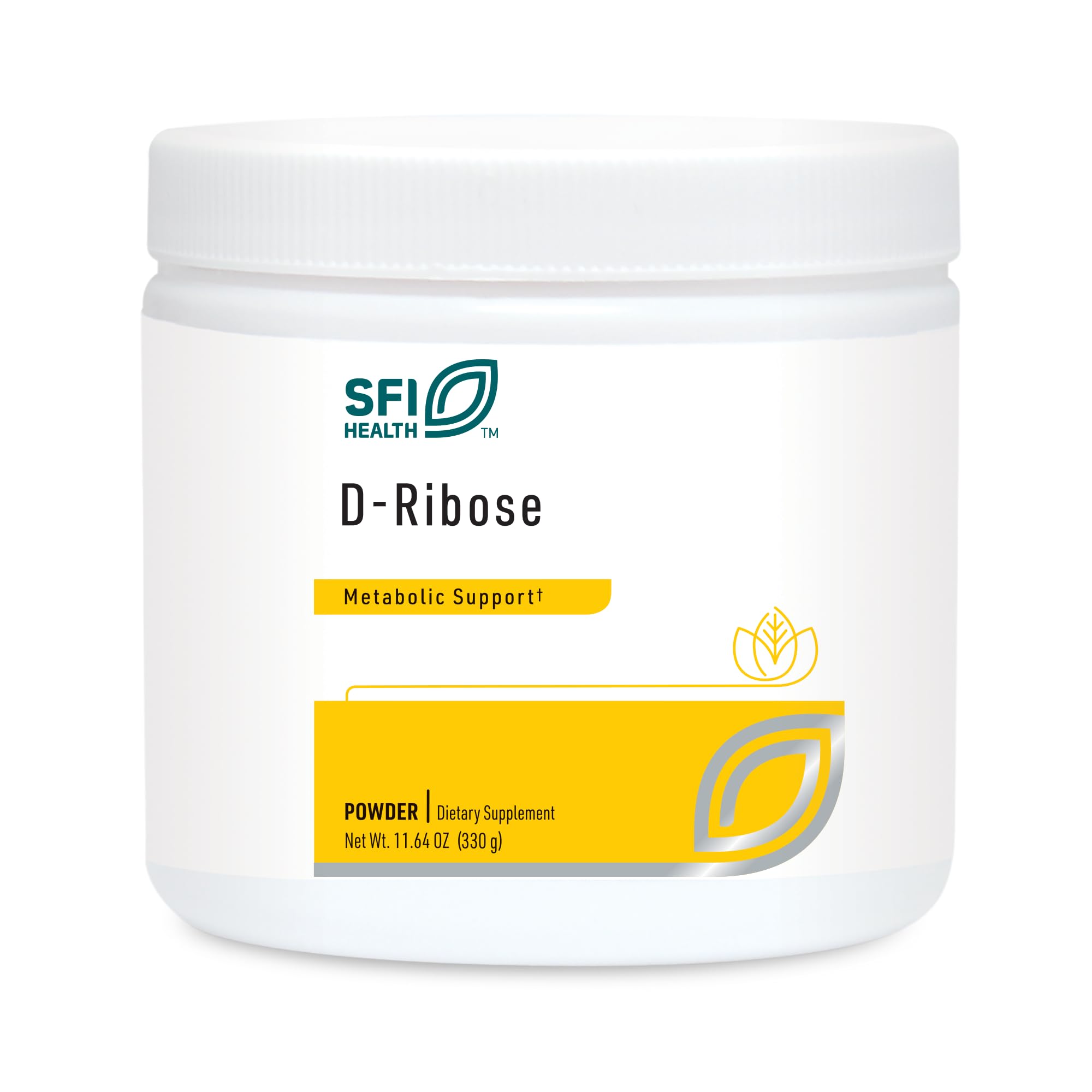Klaire Labs SFI Health D-Ribose powder tub promoting energy metabolism support.