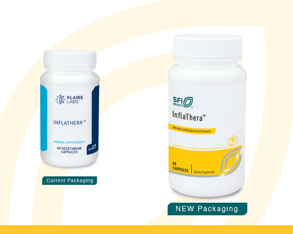 Klaire Labs Inflathera bottle back view shows supplement facts and usage guidance