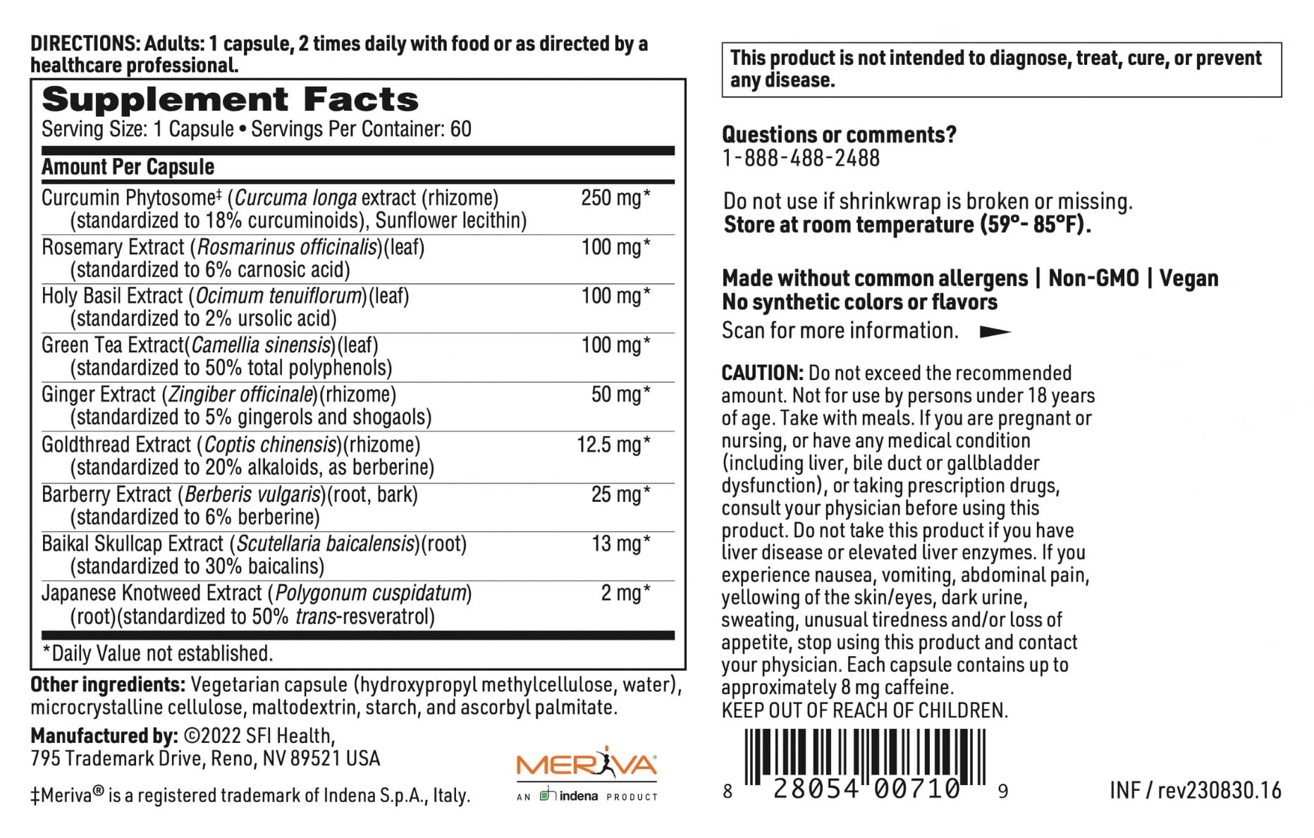 Klaire Labs Inflathera ingredients panel listing key botanicals and the Meriva turmeric complex