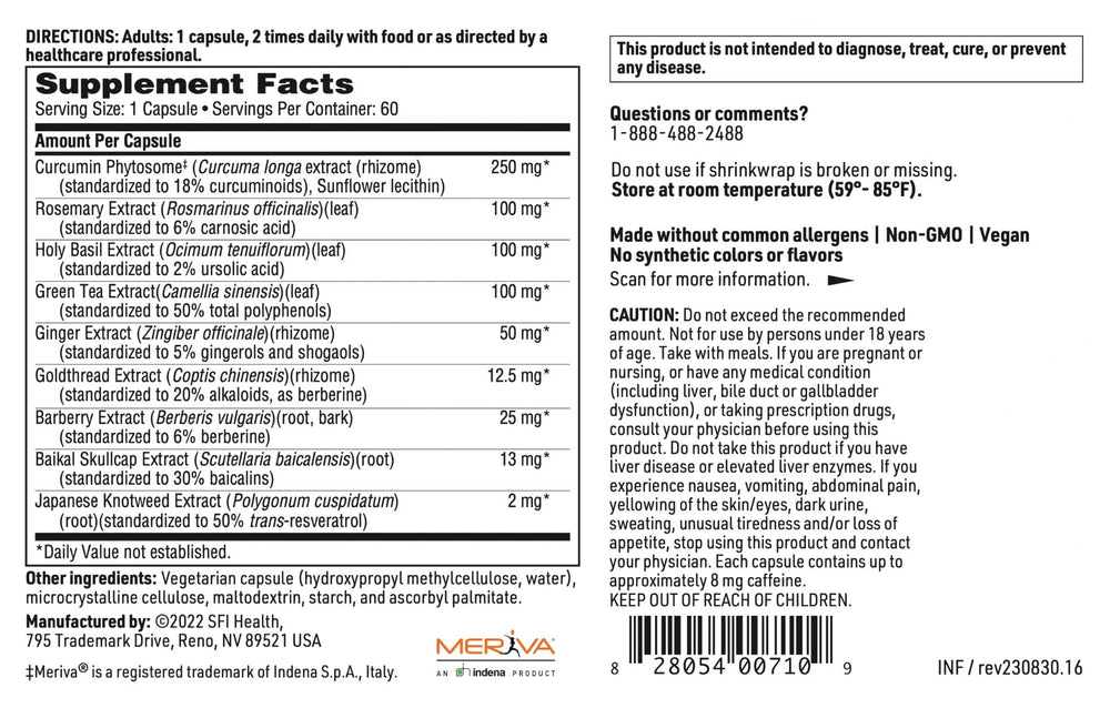 Klaire Labs Inflathera ingredients panel listing key botanicals and the Meriva turmeric complex