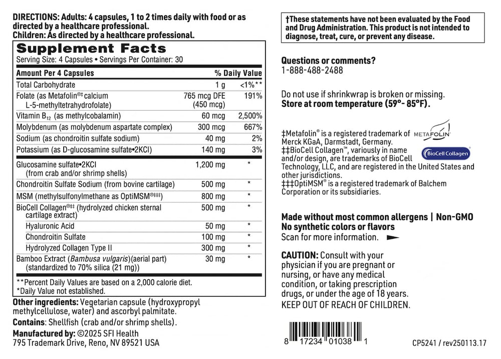 Hyaluronic acid detail highlighted on Klaire Labs Joint Support bottle.