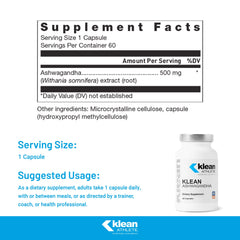Klean Athlete Klean Ashwagandha label closeup shows vegan non-GMO ingredients and sport safety.