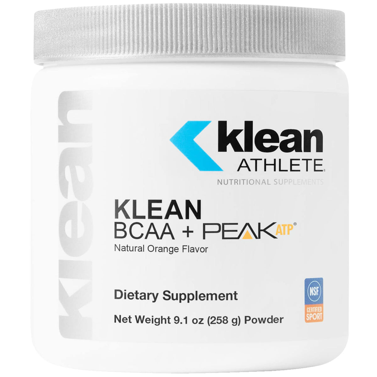Klean Athlete Klean BCAA + Peak ATP bottle showcases a performance-focused supplement for workouts.