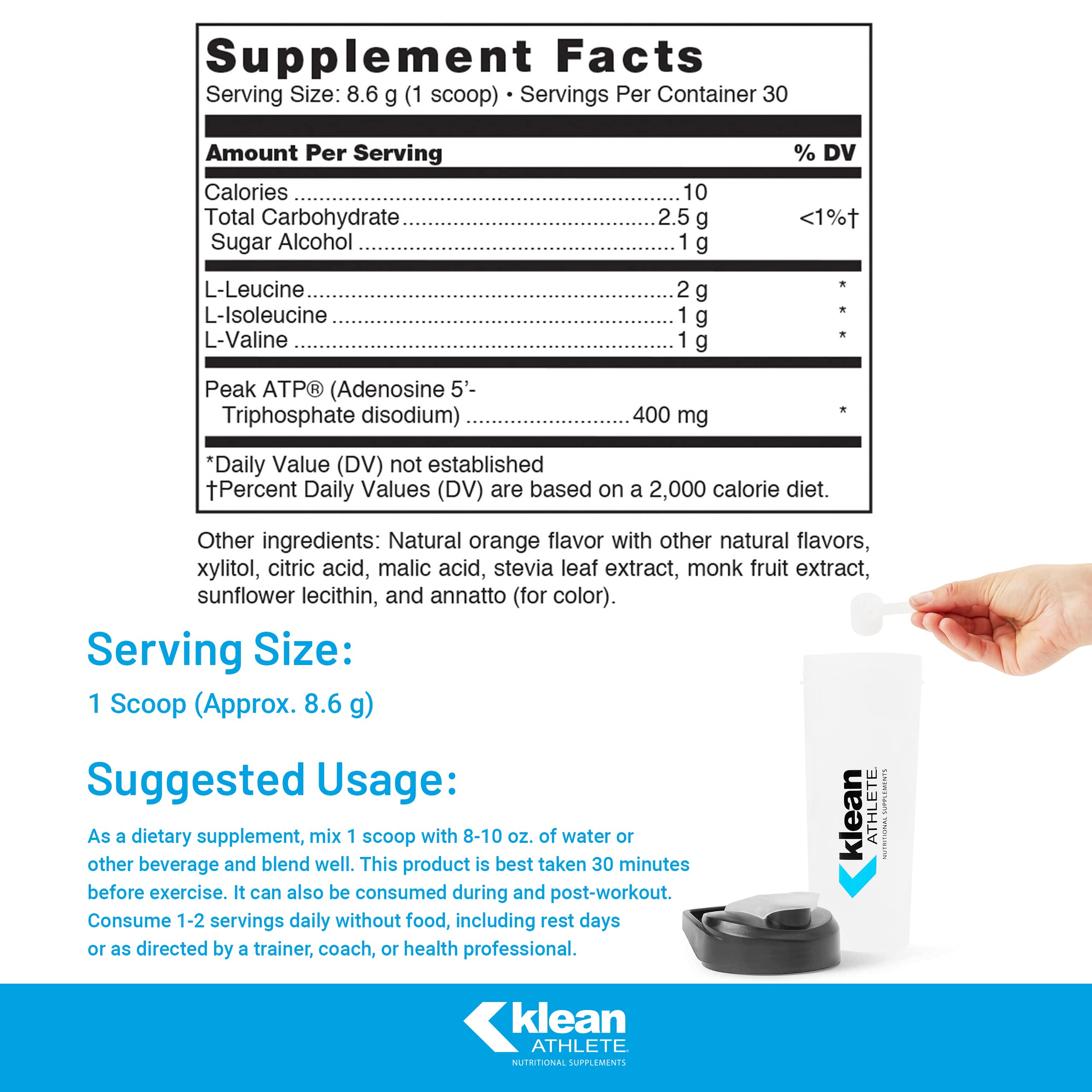 Klean Athlete Klean BCAA + Peak ATP label highlights clean, NSF Certified for Sport features.