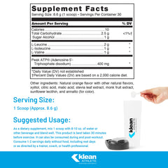 Klean Athlete Klean BCAA + Peak ATP label highlights clean, NSF Certified for Sport features.