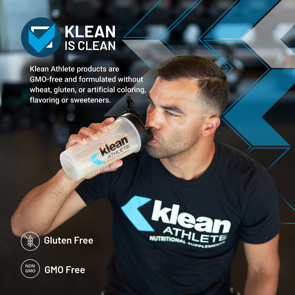 Klean Athlete Klean Casein powder being poured for slow-release nutrition.