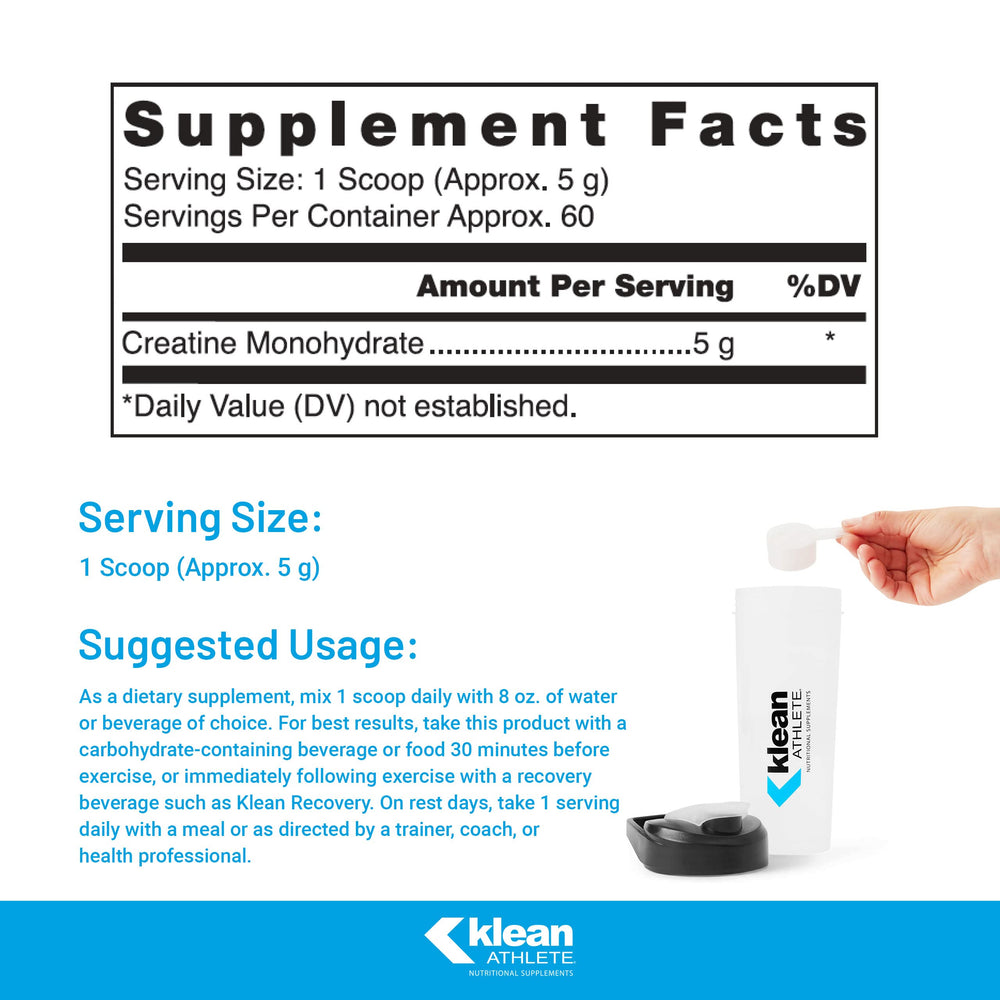 Klean Creatine powder scoop beside jar for easy pre-workout fueling.