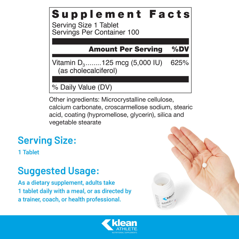 Close-up of Klean-D capsules highlighting 5000 IU vitamin D3 for immune support.