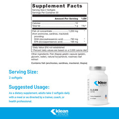 Klean Athlete Klean DHA softgels close-up highlighting DHA and EPA per serving.