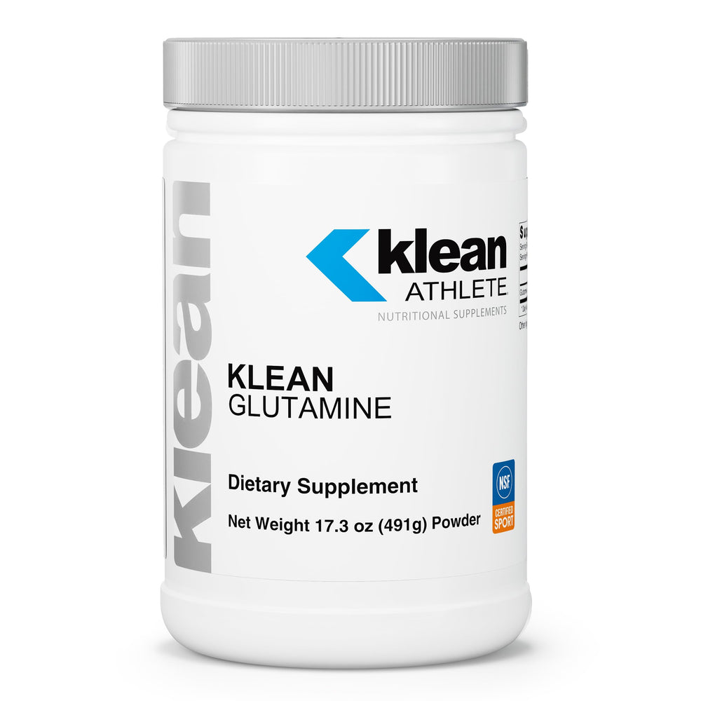 Klean Athlete Klean Glutamine bottle label highlighting immune support benefits.