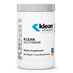 Klean Athlete Klean Glutamine bottle label highlighting immune support benefits.