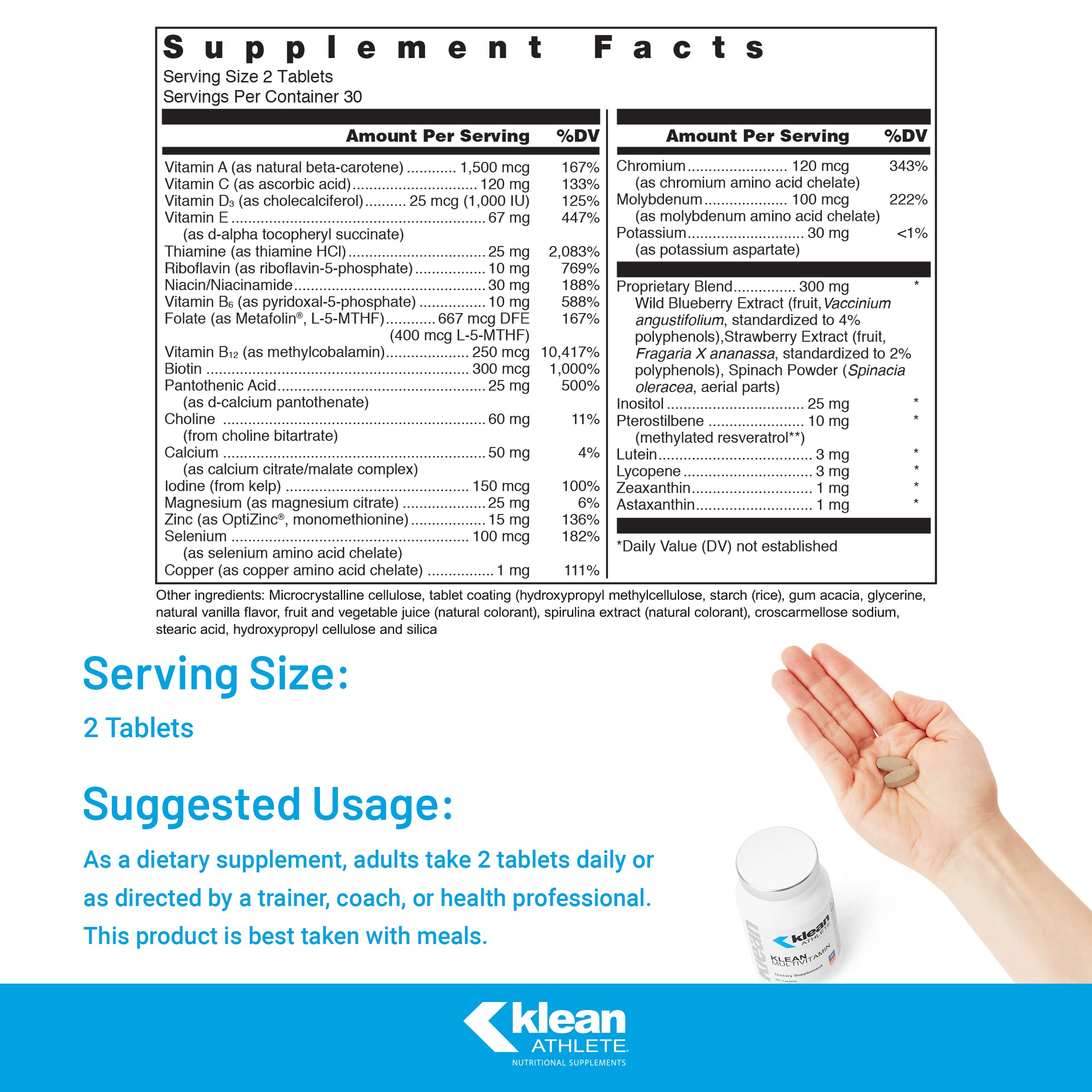 Klean Athlete Klean Multivitamin ingredients list with antioxidants and vitamins.