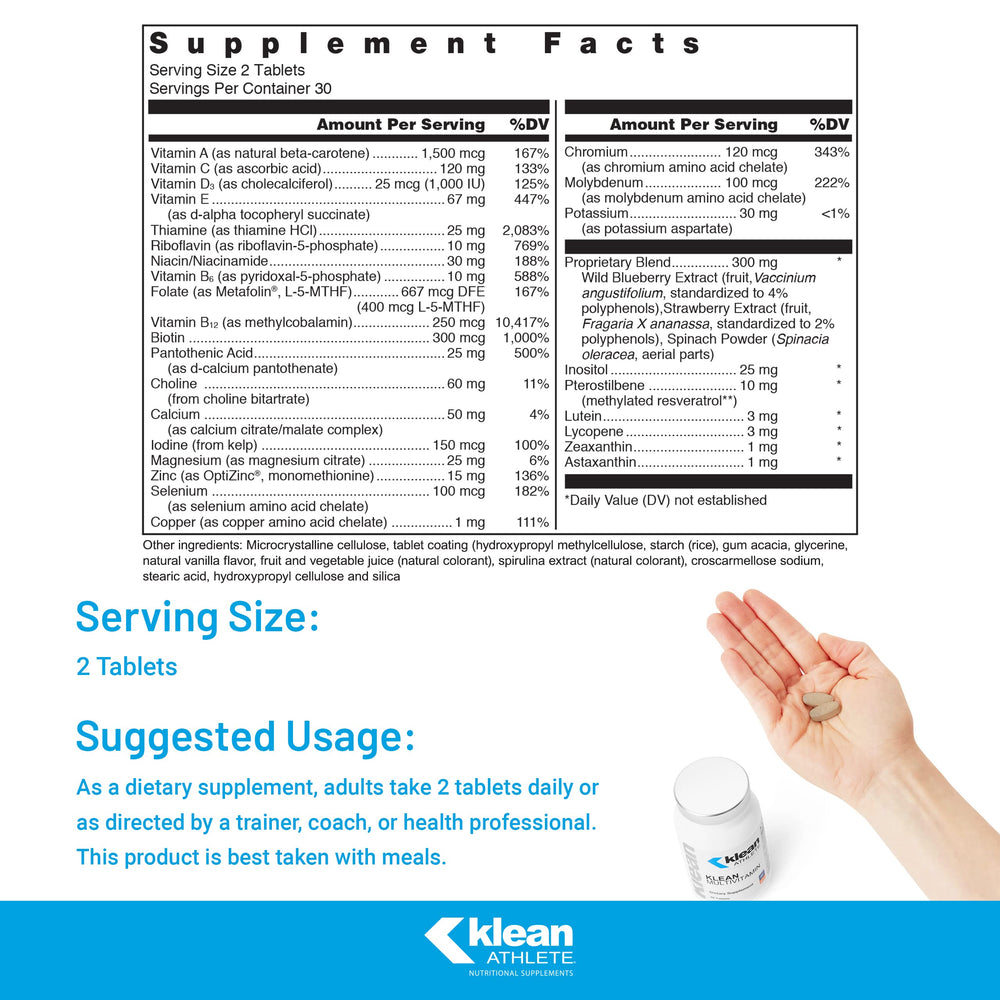 Klean Athlete Klean Multivitamin ingredients list with antioxidants and vitamins.