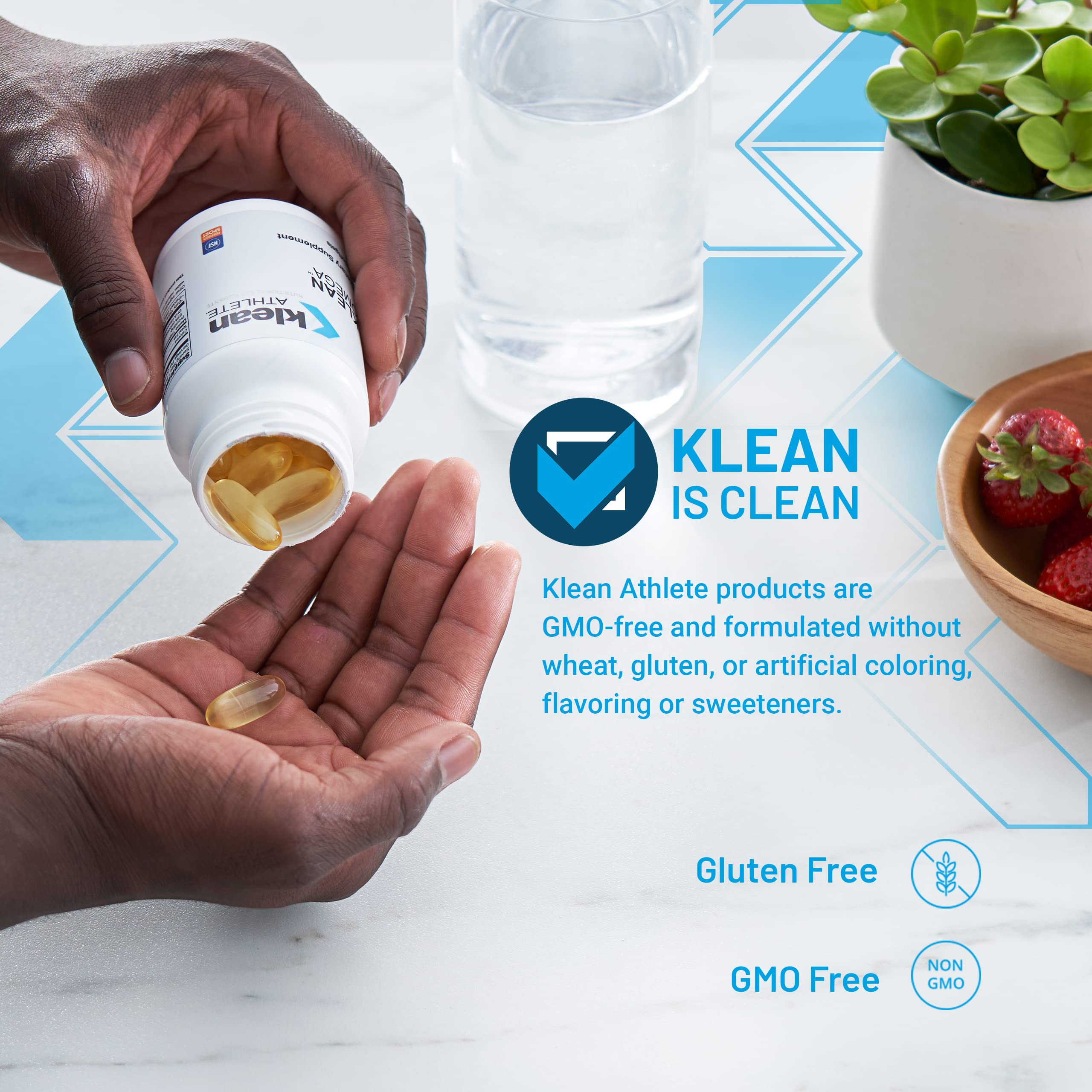 Klean Omega label close-up highlights the NSF Certified for Sport badge