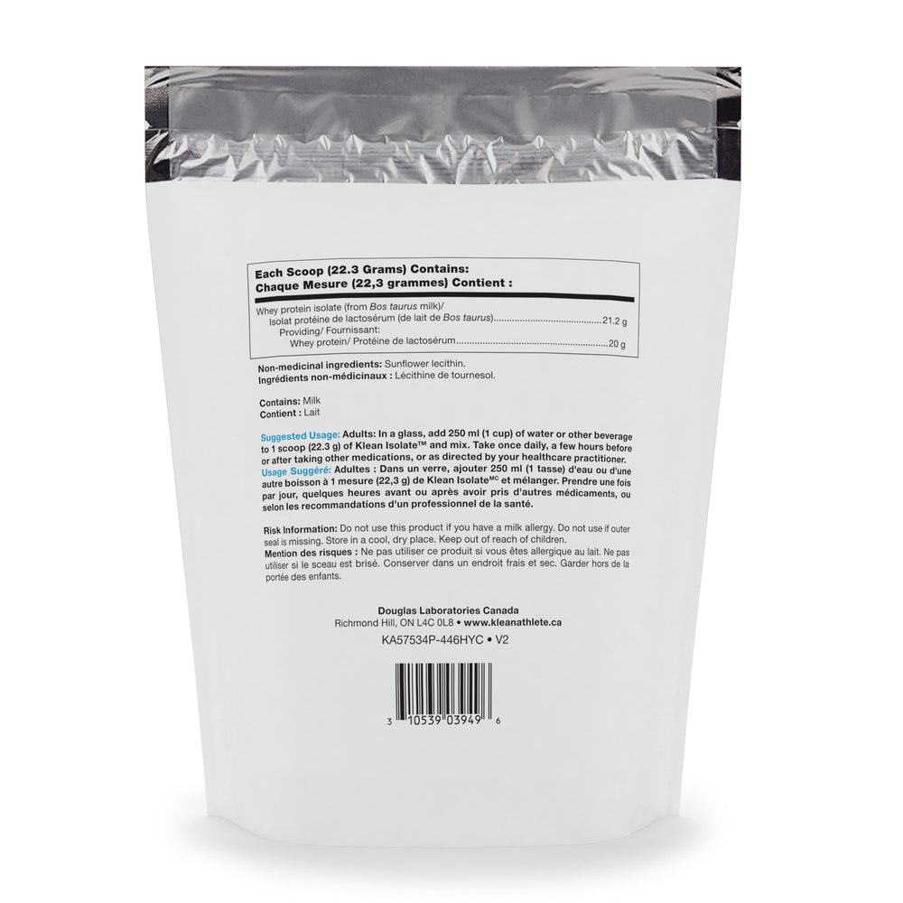 Klean Isolate unflavored bag back with nutrition panel for informed choices