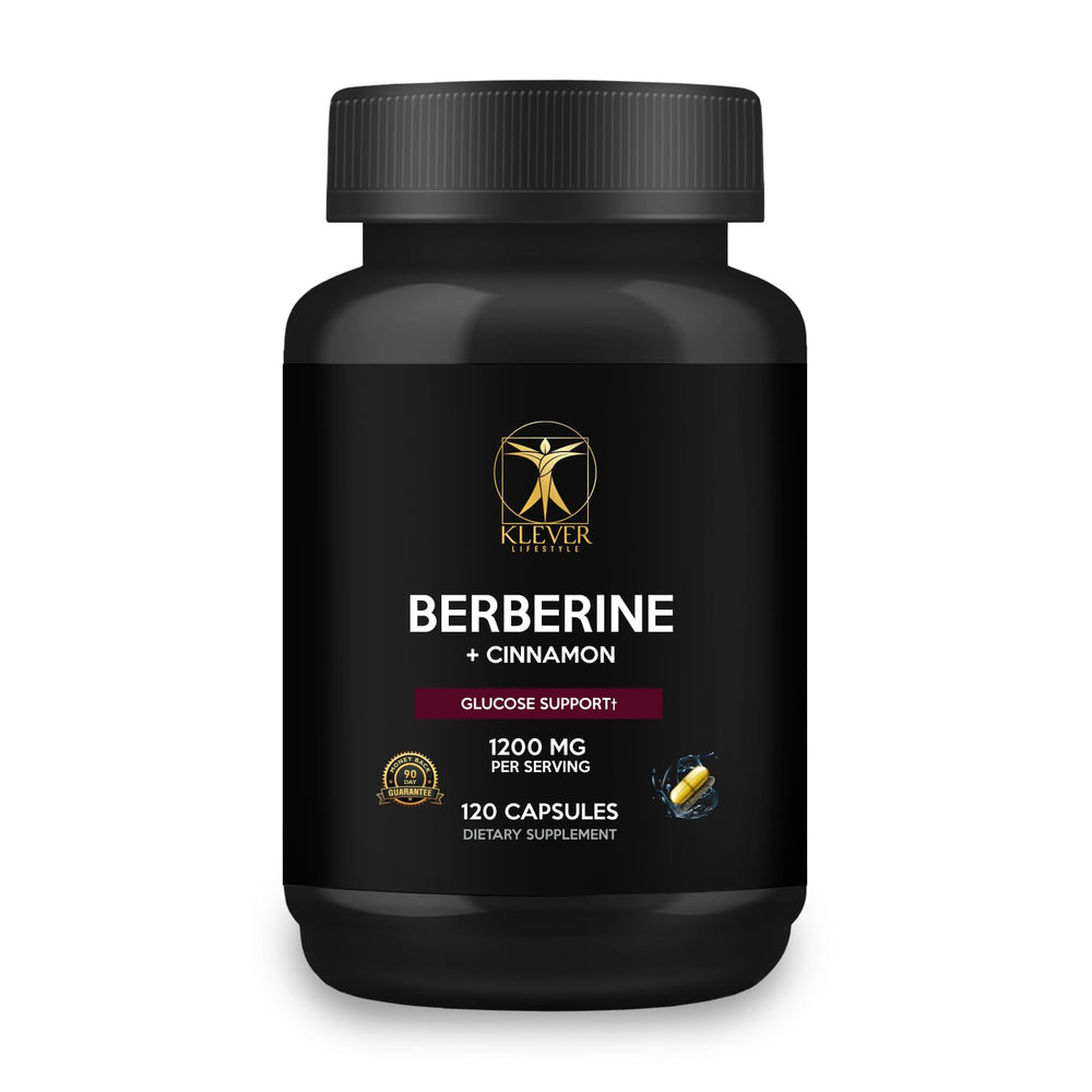 Klever Lifestyle berberine bottle front shows vegan capsules for daily wellness