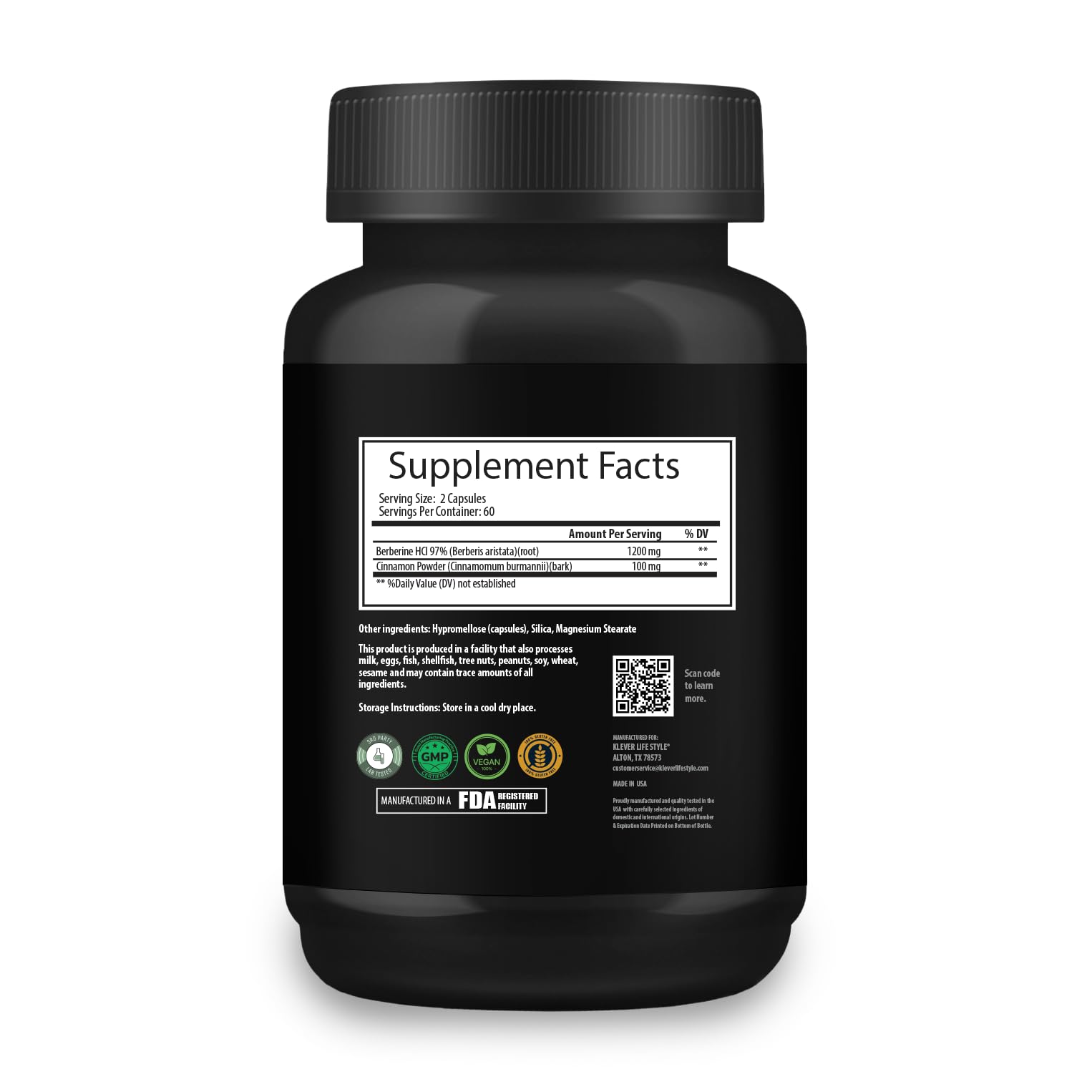 Klever Lifestyle berberine bottle open reveals convenient 120-capsule packaging for easy dosing