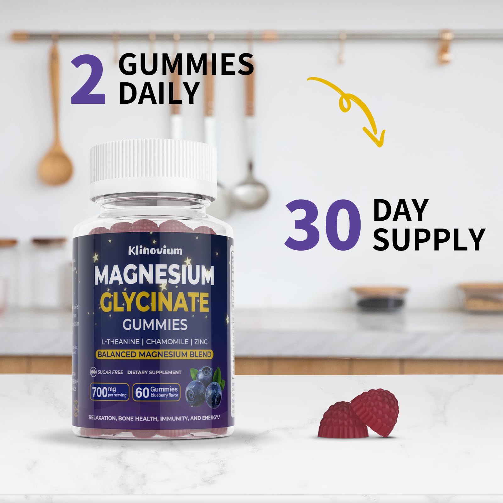 Klinovium Magnesium Glycinate Gummies serving count indicates monthly daily solution.